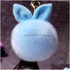 Keychains Lanyards Fashion Bunny Ear Keychain Pompom Rabbit Women Lovely Animal Key Chain Woman Bag Charms Backpack Wallet Fur Key Dhzwf