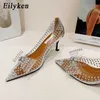 Chaussures habillées Design Argent Papillon-noeud Cristal Femmes Pompes De Mariage Stripper Talons Bas PVC Transparent Sexy Night Club Femme Chaussures 221130