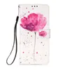 3D Flower Leather Wallet Falls för iPhone 15 14 Plus Pro 13 12 11 XS Max XR X Sea Skull Lace Butterfly Eiffel Tower Unicorn Flip Cover Book Credit ID Card Slot Pouch Strap