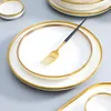 Set di piatti piani in porcellana bianca con bordo dorato Piatto da cucina Stoviglie in ceramica Piatti per alimenti Insalata di riso Tagliatelle Ciotola Tazza Set di posate