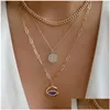 Pendant Necklaces Fashion Jewelry Evil Eye Mti Layer Necklace Blue Eyes Rhinestone Round Pendant Choker Necklaces Drop Delivery Penda Dhlf9