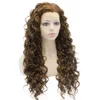 26 "Extra lång markerad brun lockig peruk värmevänlig syntetisk hår spets front peruk