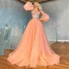 Burnt Organt A Line Princess Prom Dresses for Women Beads Plus Size Sweetheart Crystals Puffy Long Sleeves Tulle Formal Wear Party Gowns Custom Made