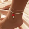 Anklets 2Pcs/Set Female Bohemian White Pearl Ceramic Mushroom For Women Beach Style Fashion Simple Gold Color Metal Gift