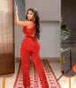 Plus Size Sexy Rouge Paillettes Combinaisons Robes De Bal Arabe Aso Ebi Col Haut Dos Nu Soirée Formelle Partie Deuxième Réception Pageant Robes Robe Sur Mesure