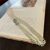 Chains Hand Knotted Necklace 3 Rows Freshwater Pearl White Near Round Green Spinel 7-8mm 75- 80cm Fashion Jewelry