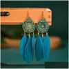 Dangle Chandelier Dream Catcher Plume Blanche Boucle D'oreille Indien Jhumka Boho Été Rond Creux Dangle Boucles D'oreilles Suspendues Pour Les Femmes Bouc Dhfn9