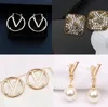 18K Gold Plated Brand Designer V Letters Stud Luxury Crystal Geometric Women Rhinestone Pearl Long Earring Wedding Party Jewerlry Accessories