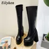 부츠 Eilyken Chunky Heels 플랫폼 플랫폼 무릎 하이 부츠 여성 펑크 스타일 가을 겨울 라운드 발가프 Zip 신발 숙녀 승마 부티 221123