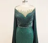 Elegant Emerald Green Beaded Evening Dress with Cape Sleeves O Neck Mermaid Sequin Dubai Arabic Long Formal Prom Party Gowns Custom Robe De Soiree