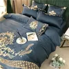Bedding sets Navy Blue Luxury Exquisite Gold Royal Embroidery 60S Satin Cotton Set Duvet Cover Bed Sheet Or Fitted Pillowcases 221129
