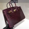 Birkinbag ręcznie robione pełne torby oryginalna skórzana torba krokodylowa 30cm wino czerwona torebka damska duża pojemność AYW