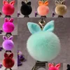 Keychains Lanyards Fashion Bunny Ear Keychain Pompom Rabbit Women Lovely Animal Key Chain Woman Bag Charms Backpack Wallet Fur Key Dhzwf