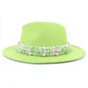 Chapeau Fedoras à bande de perles, chapeau en feutre Patchwork vert Lime et rose pour femmes et hommes, Jazz église haut-de-forme, casquette Panama à large bord