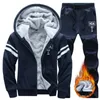 Herren Trainingsanzüge Trainingsanzug Männer 2 Stück Set Warmes Fell Innen Sweatshirt Verdicken JackeHose Strickjacke Winter Fleece Kapuze Männlich Hoodies Mantel 221130