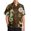 Men's Casual Shirts Golden Steampunk Wooden With Mechanical Seahorse Hawaiian Shirt Short-Sleeve Retro Blouses Men 3XL 4XL