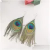 Dangle Chandelier Vintage Peacock Dangle Earring For Women Female Bohemian Summer Ethnic Tassel Long Feather Earrings Boho Holiday Dhyru