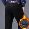 Jeans pour hommes hiver hommes noir coupe slim stretch épais velours pantalon chaud décontracté polaire ligne pantalon mâle grande taille 221130