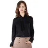 Women's Blouses Real Silk Boulses For Women High Quality 2022 Summer Black Satin Face Bowtie Office Shirts Long Sleeve Casual Sexy Plus Size
