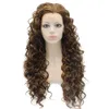 26" Extra Long Highlighted Brown Curly Wig Heat Friendly Synthetic Hair Lace Front Wig