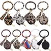 New Colorful PU Leather Tassels Bracelets Keychain Party Favor Wristlet Sunflower Leopard Earphone Bags Makeup Bag With Mirror Keyring Heads 1130