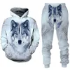 Herrspårar skog varg 3d tryckt hoodie kostym manlig höst vinter casual sweashirts sweatpants män träning set modekläder