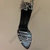 Sapatos de vestido Corrente de metal Crystal Rhinestone Sandals Designer de 10,5 cm de ponta dos pés altos salto salto salto Slingbacks Strap Sapat Sapato 35-42 com caixa