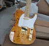 6 Strings Natural Wood Color Electric Guitar with Burl Maple Veneer Maple Fretboard White Pickguard Customizable