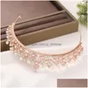 Diadèmes Brillant Rose Or Couleur Diadème Imitation Perle Strass Couronne Mariée Mariage Bandeau Femmes Fête D'anniversaire Headpeice Bijoux D Dhw4D