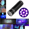 Veilleuses Mini Alumminum Uv Tra Violet 9 LED Lampe de poche Blacklight Super Bright Torche Lampe Portable Détecteur d'argent Drop Del Dhtsp