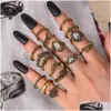 Bandringar Fashion Jewelry Vintage Ring Set Snake Carved Flower Feather Crown Rings Set 16st/Set Drop Delivery DHN1R