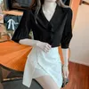 Kvinnor blusar lotus blad krage puffhylsa solid chiffongtröja 2022 Summer Fashion Office Lady Blue V-Neck Long For Female