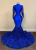 Serey Royal Blue Mermaid PROM Vestidos Long para mulheres Plus Tamanho Cetim De fundo V Pescoço pregas de lantejoulas Ruched Festas de festas noturnas