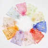 100pcs/ Colorful Drawstring Organza Bags Heart Flowers Printing Jewelry Gift Wrap Packaging Bags for Wedding Party Baby Shower