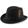 Berretti Uomo Donna Fascia di piume Misto lana Homburg Cappelli Cappelli Fedora di lana Trilby Cappello da sole Festa da viaggio Regolabile UK M-L US 7 1/8-7 3/8