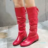 Kvinna Kne High Boots Red Black White Tall Boots Woman Pleated Low Heel Casual Leather Autunm vinter Kvinna Långa sko Kvinnor Y09051432697