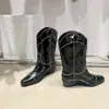 Western Cowboy-Stiefel quadratische runde Zehen Frauen Schuhe gemischte Farbe mit mittleren Kalfstiefeln aus Slip-on echte Ledermode High Heels