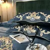 Set di biancheria da letto Blu Navy Lusso Squisito Oro Ricamo Reale 60S Set di cotone satinato Copripiumino Lenzuolo o Federe con angoli 221129