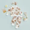 مجموعات الملابس FocusNorm 3pcs Baby Girls Sweet Clothes 0-3y زهور مطبوعة طويلة الأكمام من النوع الثقيل المسحوق قمم السراويل المرنة