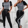 Women's Two Piece Pant Patchwork Tracksuit sets Summer plaid Sweatshirt top Drawstring long Set Elegant casual pocket sport Sets 221130