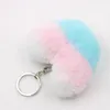 Chave de peles de coelho artificial cor listrada de pompom Keychain Bag Ring Key Love Pinging Decoration