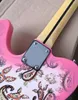 6 sznurków Różowa gitara elektryczna z naklejką kwiatową klonową fretboard akrylowy pickguard konfigurowalny