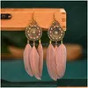 Dangle Chandelier Dream Catcher Plume Blanche Boucle D'oreille Indien Jhumka Boho Été Rond Creux Dangle Boucles D'oreilles Suspendues Pour Les Femmes Bouc Dhfn9