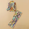 Women's Tracksuits QUALITY HIGH Designer Runway Suit Set Women's Notched Long Sleeve Blazer Pant Vintage Floral Print