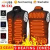 Coletes masculinos 9 lugares coletes aquecidos homens homens USB Aquecimento de roupas térmicas caçando Winter Fashion Heat preto 5xl 6xl 221130