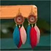 Dangle Chandelier Dream Catcher Plume Blanche Boucle D'oreille Indien Jhumka Boho Été Rond Creux Dangle Boucles D'oreilles Suspendues Pour Les Femmes Bouc Dhfn9