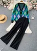 Женские брюки с двумя частями Singreiny Женщины клетчатые вязаные кусочки костюмы V Sect Sweater Cardigan широко вязание нога Long Pan