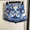 Dames tweedelige broek blauw en wit porselein print coole riem top en shorts 2 delige sets dames designer trainingspakken