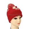 Bonnet / bouchons de crâne d'automne chapeau de Noël d'hiver flocon de neige jacquard motif roux ourlet rouges boulettes de boule de laine grande fille femme tricot tricot dhgch