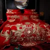 寝具セットレッドラグジュアリーゴールドフェニックスロング刺繍中国の結婚式100コットンセット布団カバーベッドシートベッドスプレッドピローケース221129